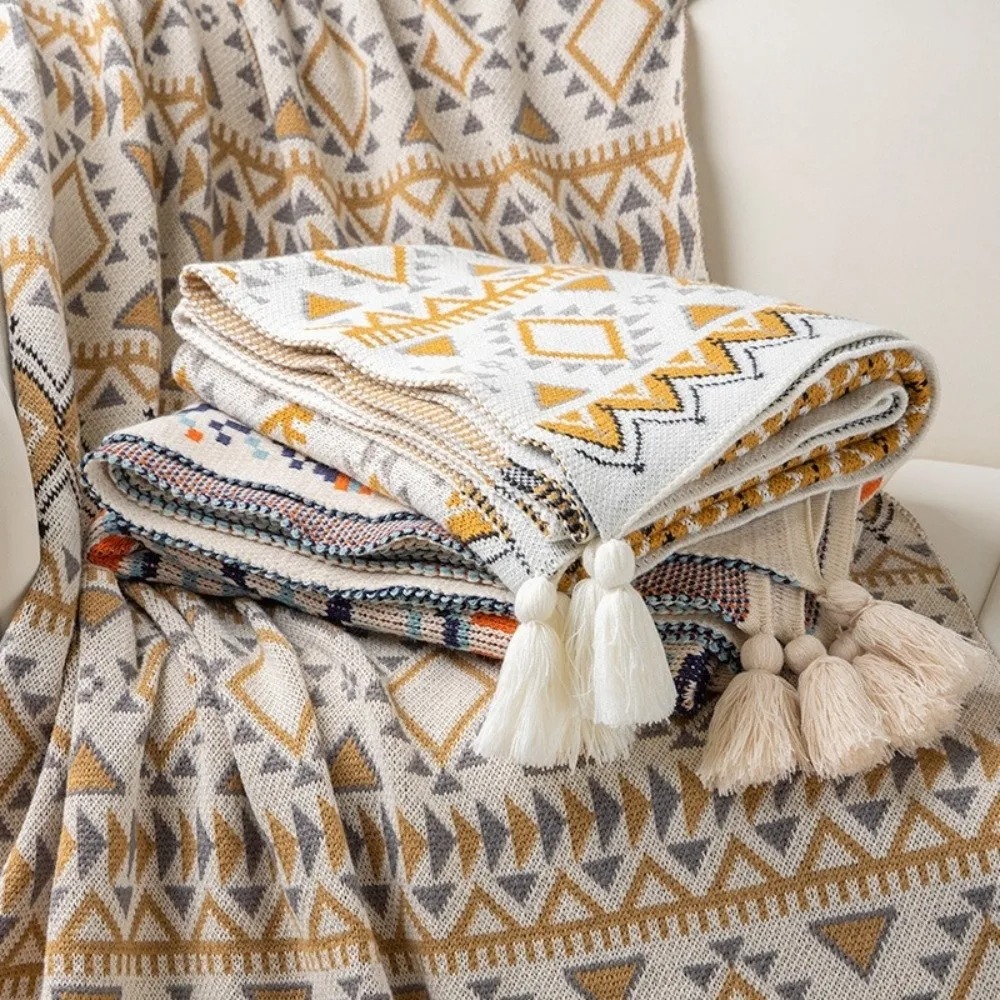 Boho Throw Blanket Fringe - Selimut Rajut Tebal Vintage Gaya Boho