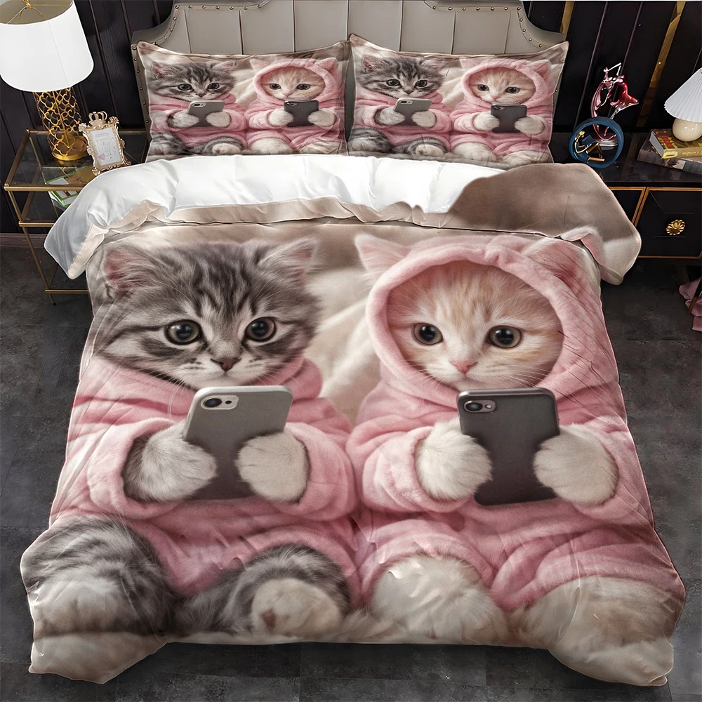Duvet Cover Sets With Zipper - Set Sprei Motif Kucing Lucu Bermain