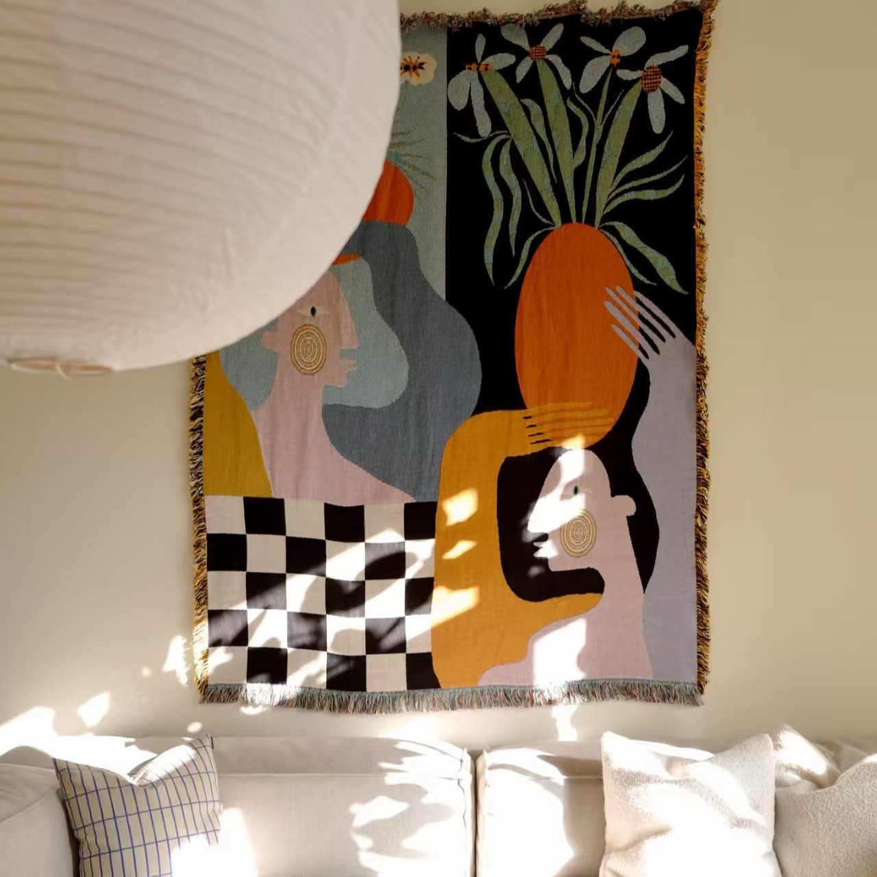 Boho Throw Blanket Fringe - Tapestry Seni Abstrak Modern Boho Tenun