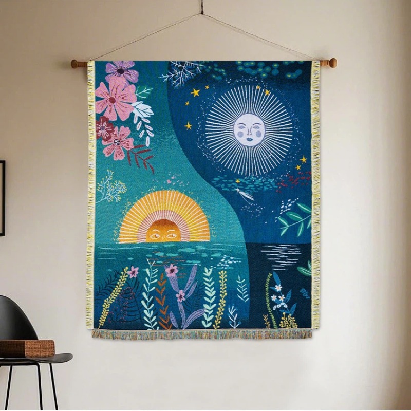 Boho Throw Blanket Fringe - Tapestry Tenun Motif Matahari Bulan Gaya