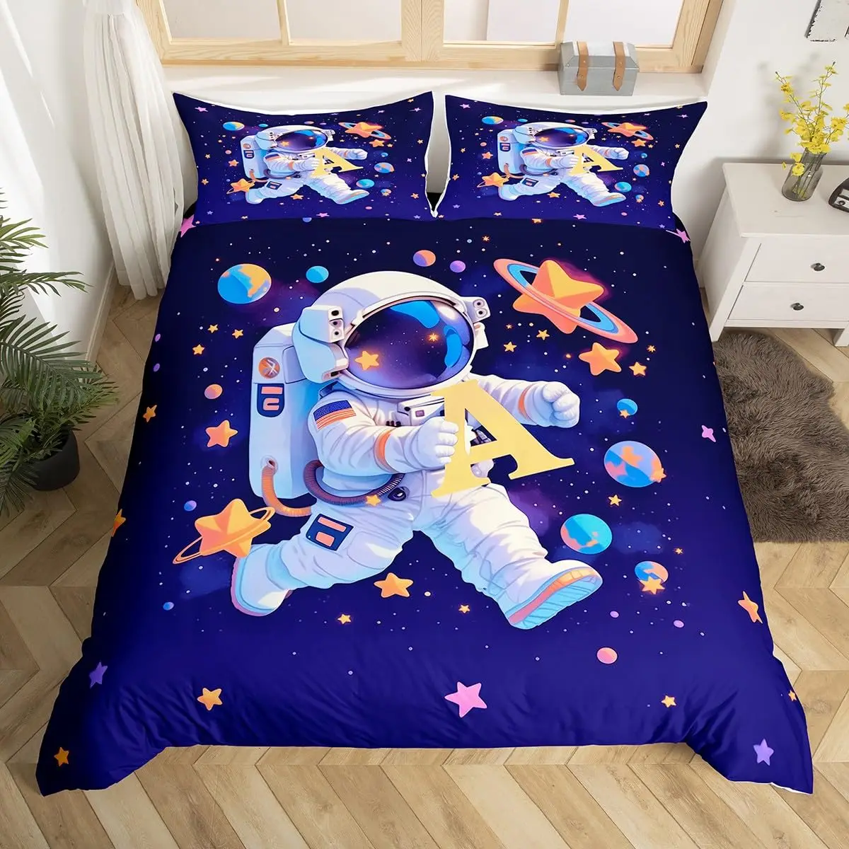 Duvet Cover Sets With Zipper - Set Penutup Selimut Astronot Kartun Ruang