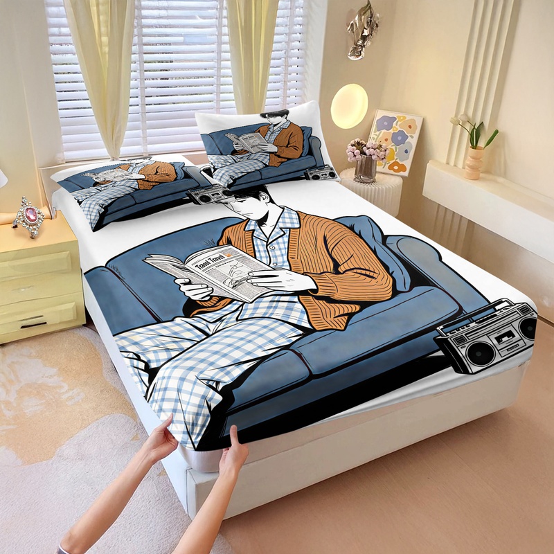 Fitted Bed Sheets Deep Pocket - Set Sprei Kasur Elastis Motif Perjalanan,
