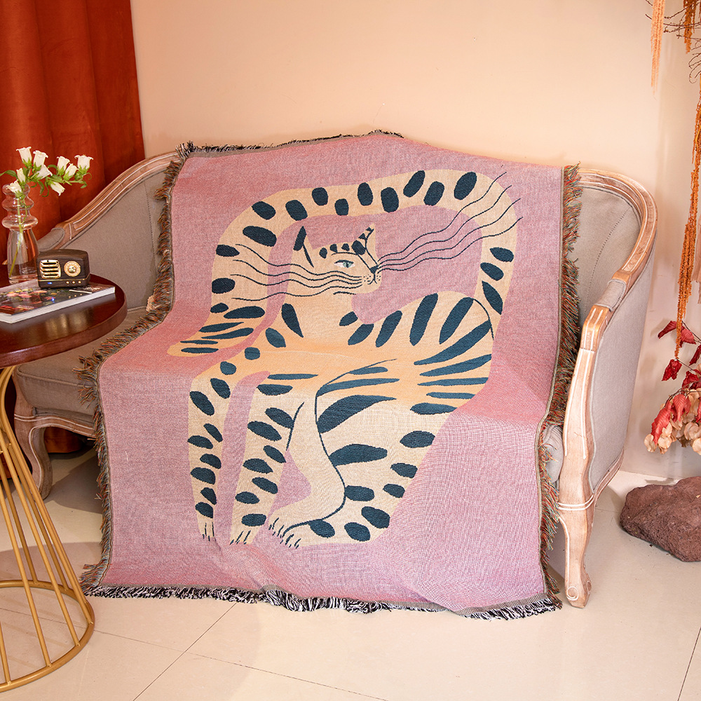 Boho Throw Blanket Fringe - Selimut Rajut Abstrak Motif Kucing Boho,