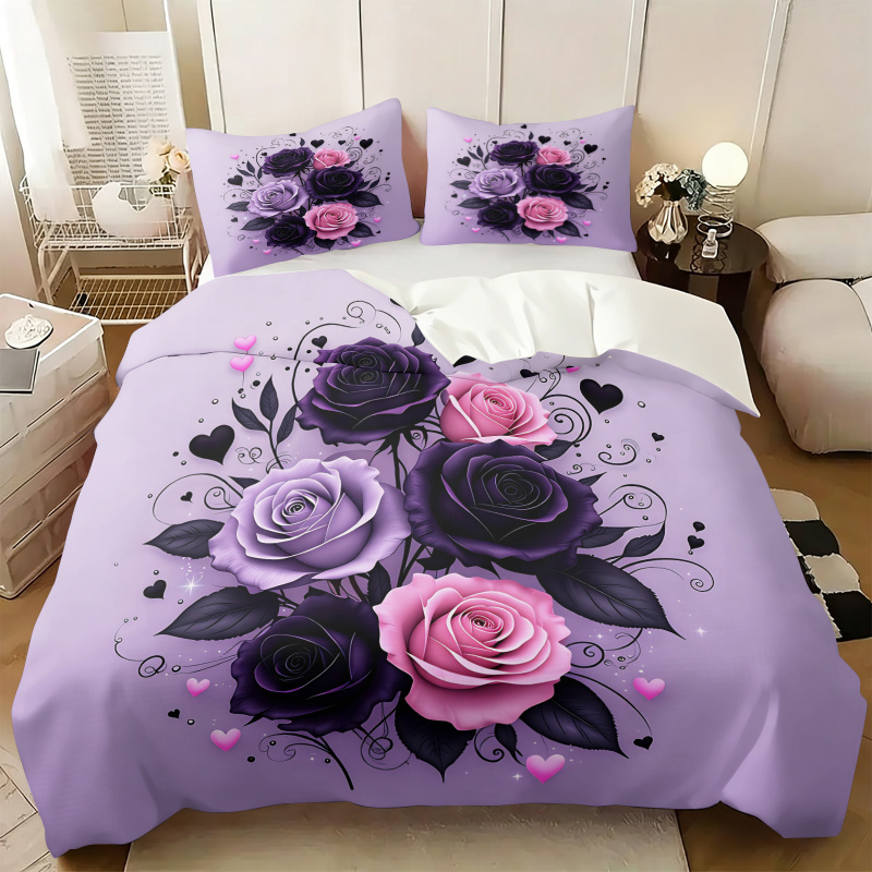 Aesthetic Floral Duvet Cover - Set Penutup Selimut Hati Mawar Ungu