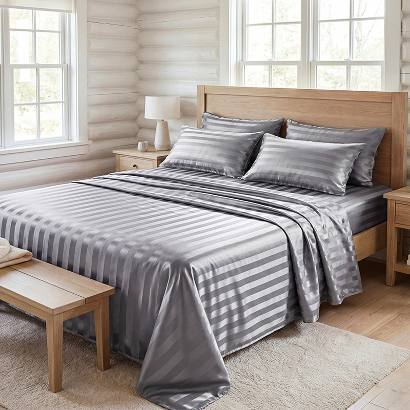 Fitted Bed Sheets Deep Pocket - Set Sprei Satin Bergaris Anti Kusut,