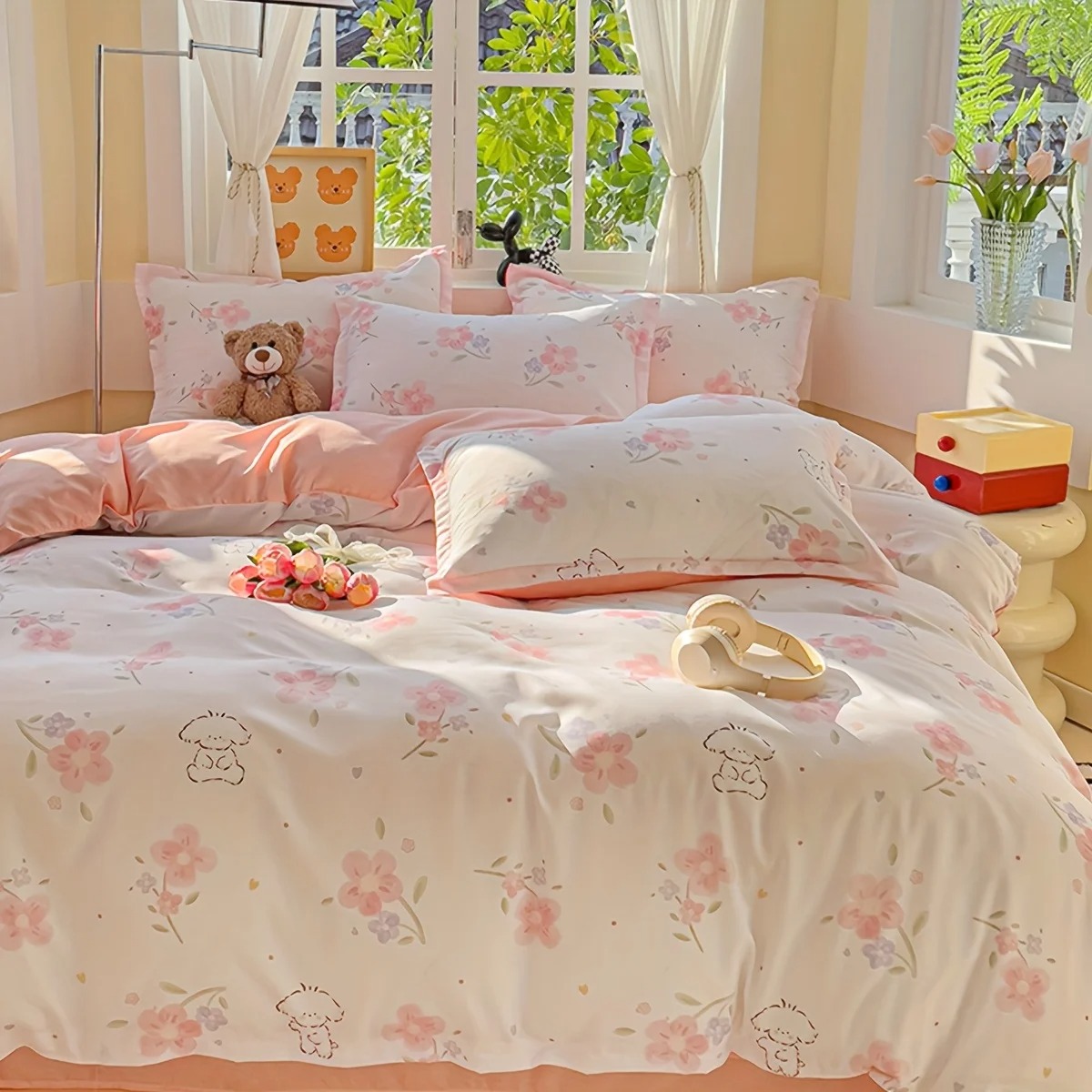 4Pcs Set Sprei Motif Bunga Pol - Duvet Cover Sets With Zipper ulasan dan harga